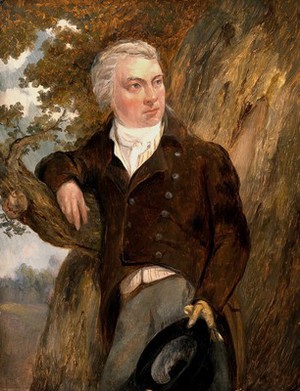 view Edward Jenner, with a view of Berkeley, Glos. Oil painting after John Raphael Smith.