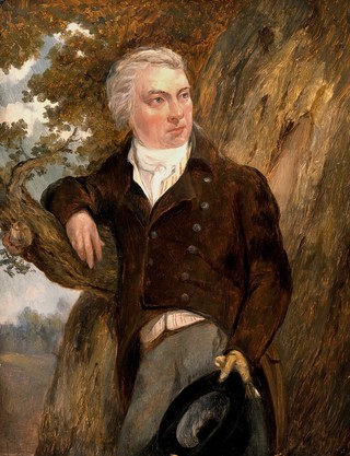 Edward Jenner, with a view of Berkeley, Glos. Oil painting after John Raphael Smith.