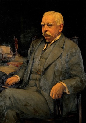 Sir Patrick Manson, invesigator of tropical diseases. Oil painting by Harry Herman Salomon after a photograph.