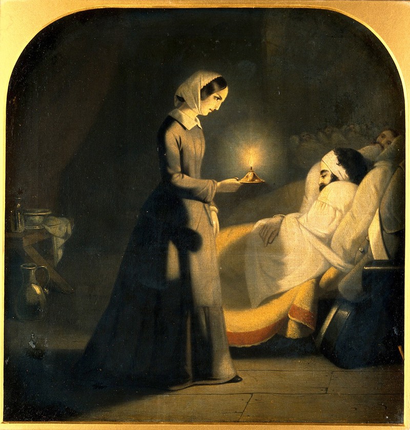 Florence Nightingale as the lady with the lamp. Oil painting attributed