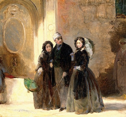 Florence Nightingale with Charles Holte Bracebridge and Selina Bracebridge in a Turkish street. Oil painting by Jerry Barrett, 1859.