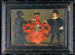 view Theodor Zwinger III (1658-1724): coat of arms with portrait and protective costume against plague. Oil painting.