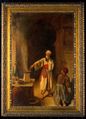 view Rhazes (Rāzī), Persian physician and alchemist, in his laboratory at Baghdad. Oil painting by Ernest Board, ca. 1912.