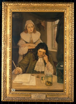 view Leeuwenhoek with his microscope. Oil painting by Ernest Board.