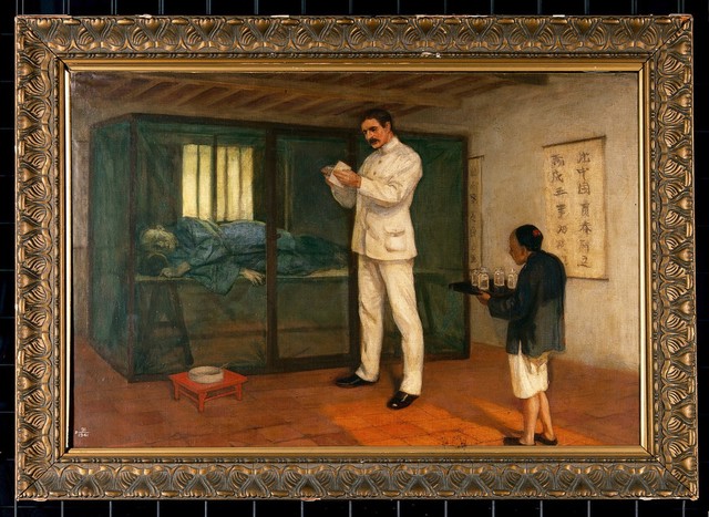 Patrick Manson experimenting with filaria sanguinis-hominis in Amoy (Xiamen), China. Oil painting by E. Board, ca. 1912.