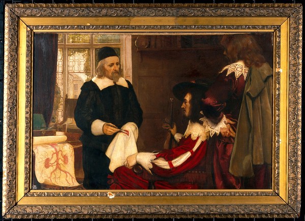 William Harvey demonstrating his theory of circulation of blood before Charles I. Oil painting by Ernest Board.