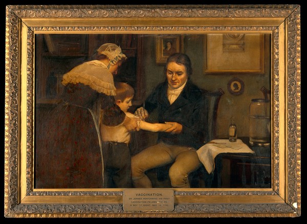 Vaccination: "Dr Jenner performing his first vaccination, 1796". Oil painting by Ernest Board.