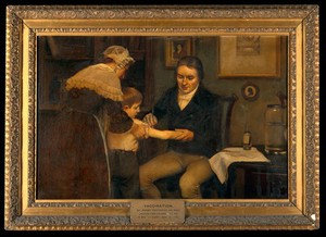 view Vaccination: "Dr Jenner performing his first vaccination, 1796". Oil painting by Ernest Board.