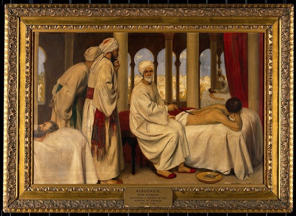 Albucasis blistering a patient in the hospital at Cordova. Oil painting by Ernest Board.