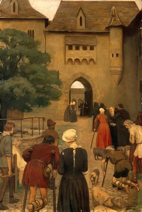 "The Abbaye of Saint Antoine, the Sologne, France. Pilgrims suffering from ergotism (St Antony's fire) approaching the infirmary in which the relics and bones of the saint are preserved which were believed to cure the disease". Oil painting by Ernest Board.