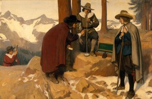 view Pascal's experiment in the Puy de Dôme to test the relation between atmospheric pressure and altitude. Oil painting by Ernest Board.