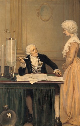 Lavoisier explaining to his wife the result of his experiments on air. Oil painting by Ernest Board.