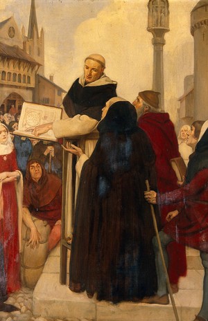 view Albertus Magnus expounding his doctrines of physical science in the streets of Paris ca. 1245. Oil painting by Ernest Board.