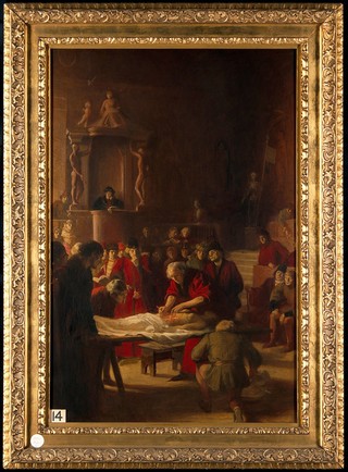 Mundinus, the Italian anatomist, making his first dissection in the anatomy theatre at Bologna, 1318. Oil painting by Ernest Board.