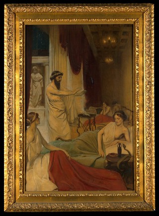 Patients sleeping in the temple of Aesculapius at Epidaurus. Oil painting by Ernest Board.