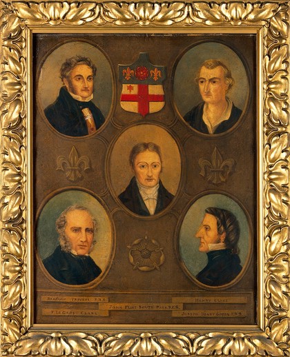 Saint Thomas's Hospital, London: arms and teachers. Oil painting.