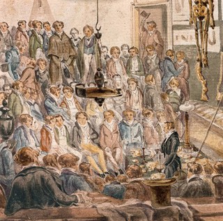 A lecture at the Hunterian anatomy school, Great Windmill Street, London. Watercolour by R.B. Schnebbelie, 1839.