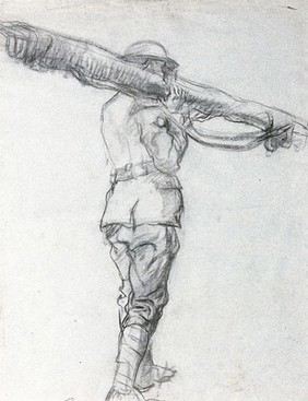 World War I: stretcher bearers. Charcoal drawing.