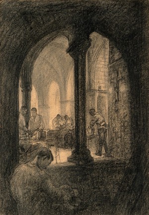 view World War I: a hospital in a church. Charcoal drawing.