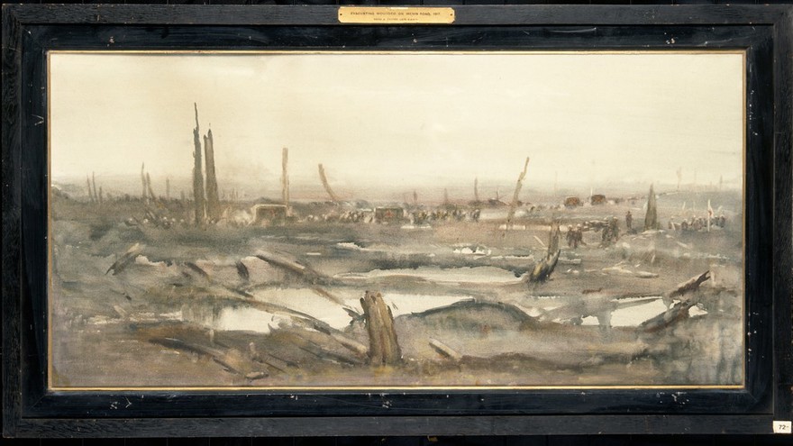 World War I: evacuating the wounded on the Menin road, 1917. Watercolour by David A. Baxter.