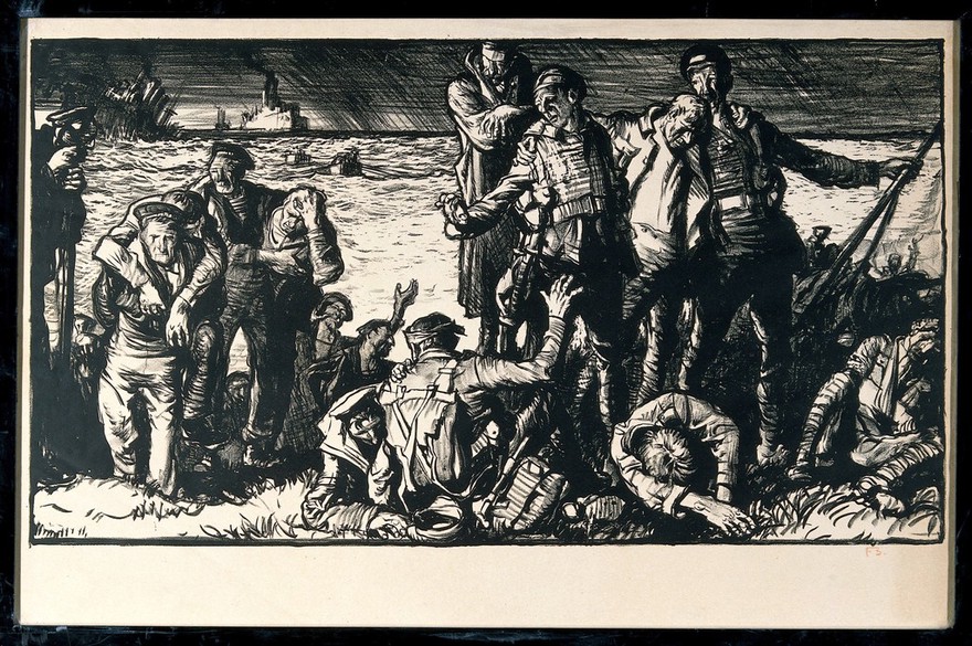 World War I: shipwrecked sailors and soldiers reaching land. Lithograph by Frank Brangwyn.