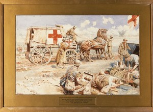 view World War I: an advanced dressing station on the Western Front. Watercolour by F. Matania, 1917.