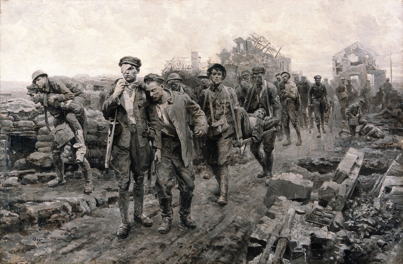 World War I: transport of the wounded. Oil painting by Ugo Matania., by Ugo Matania