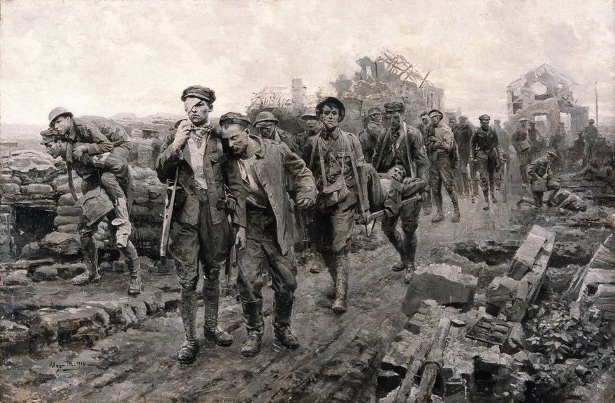 World War I: transport of the wounded. Oil painting by Ugo Matania.