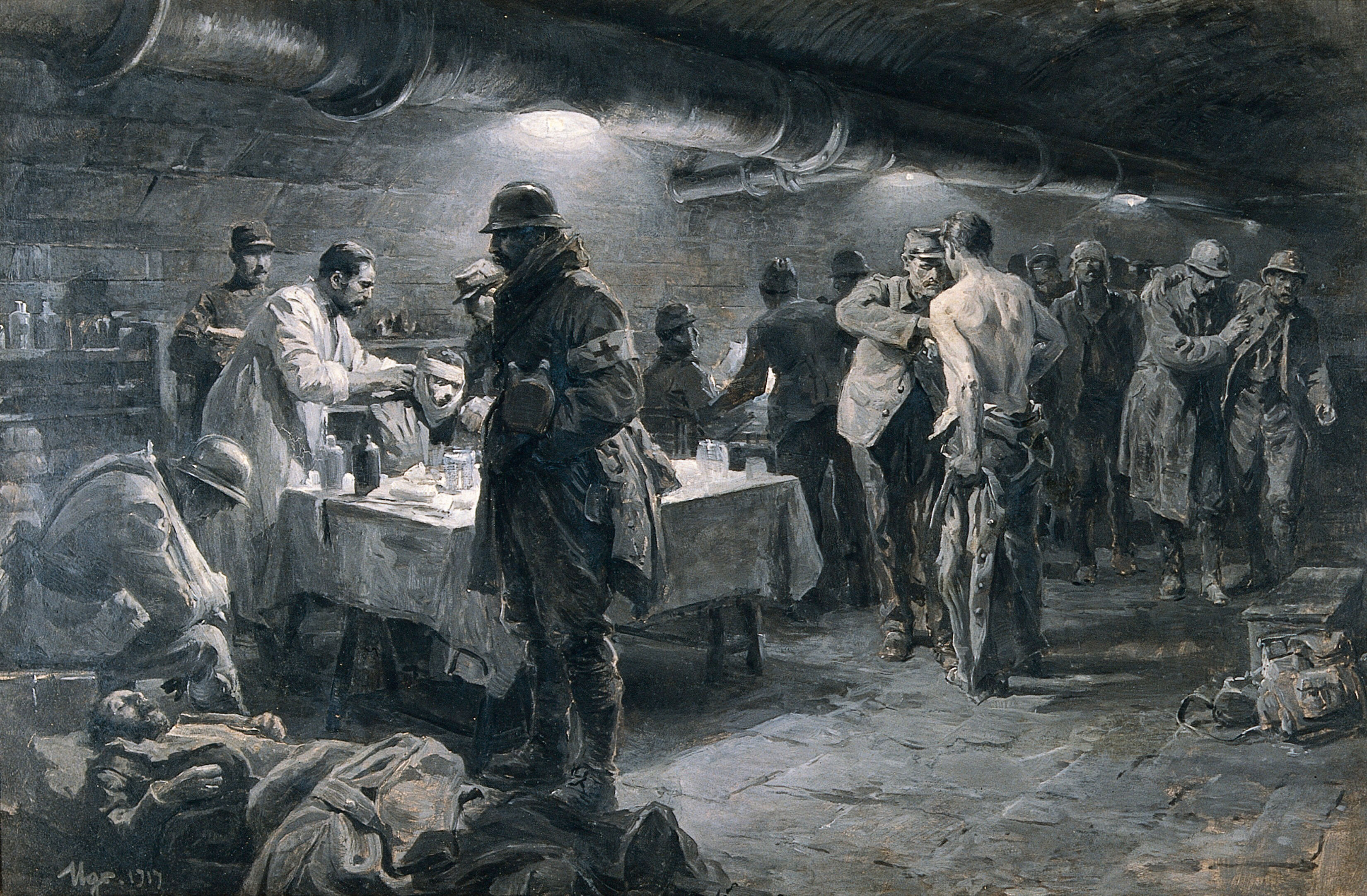 World War I: a French underground hospital at Verdun. Oil painting by Ugo Matania, 1917 
