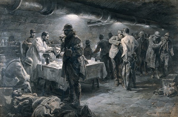 World War I: a French underground hospital at Verdun. Oil painting by Ugo Matania, 1917.