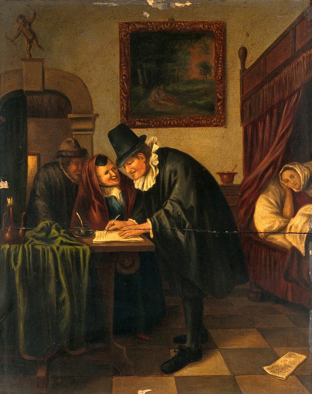 A physician writing a prescription for a sick young woman. Oil painting ...