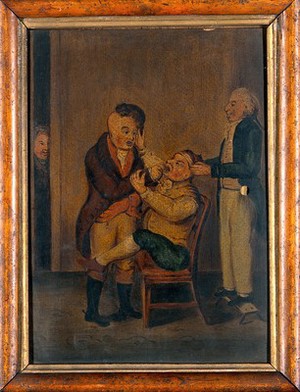 view A surgeon extracting a tooth. Oil painting.