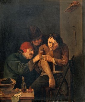 A surgeon attending to a man's arm. Oil painting after Adriaen Brouwer.