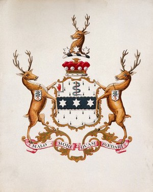 view Achievement of arms of Joseph Lister, Baron Lister. Watercolour.