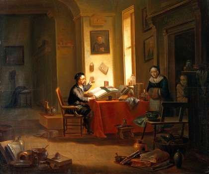 A physician examining a urine-flask. Oil painting by Justus Juncker.