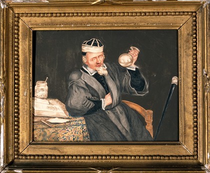 A physician examining urine. Watercolour (?) after A. Ostade.