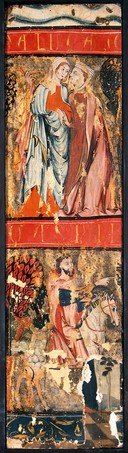 The visitation of the Blessed Virgin Mary to Saint Elizabeth (above) and Caspar, one of the magi, on horseback (below). Tempera painting by a Spanish painter, 14th century.