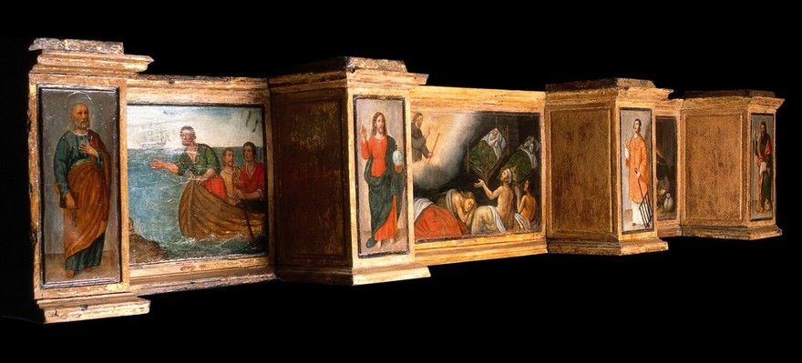 Predella with three scenes of St Roch, and figures of St Peter, Christ as Salvator Mundi, St Laurence and St Paul. Oil painting by a French (?) painter.