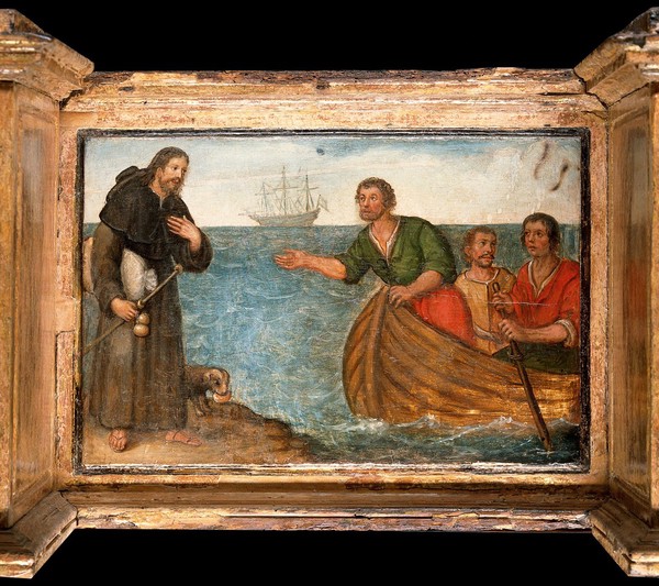 Predella with three scenes of Saint Roch, and figures of Saint Peter, Christ as Salvator Mundi, Saint Laurence and Saint Paul. Oil painting by a French (?) painter.