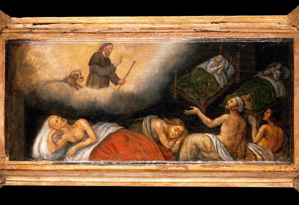 Predella with three scenes of Saint Roch, and figures of Saint Peter, Christ as Salvator Mundi, Saint Laurence and Saint Paul. Oil painting by a French (?) painter.