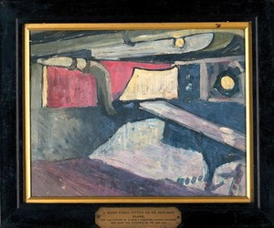 view World War I: a mess table fitted as an inclined plane for sliding stretchers. Oil painting by Godfrey Jervis Gordon ("Jan Gordon").