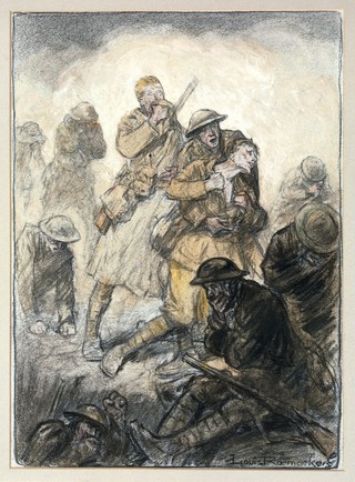 World War I: a poisonous gas attack on the Canadians in Flanders, 24 April 1915. Coloured chalks by Louis Raemaekers. ca. 1918.