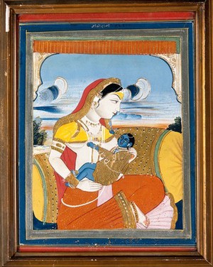 view Yasoda breast-feeding the baby Krishna. Gouache.