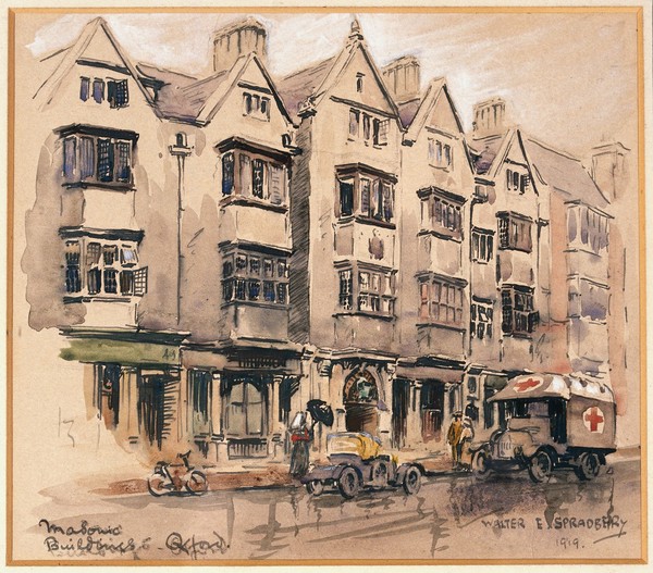World War I: Third Southern General Hospital, Oxford, extension in the Masonic Buildings. Watercolour by Walter Spradbery, 1919.