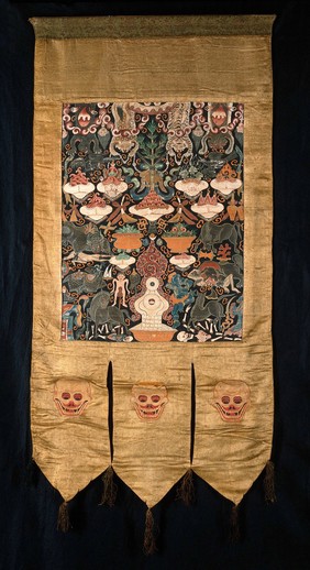 Attributes of Putra-miṅ-sriṅ in a "rgyan tshogs" banner. Distemper painting by a Tibetan painter.