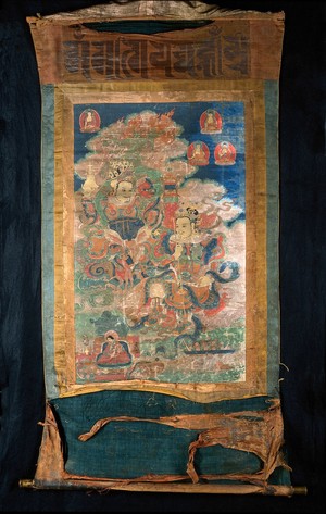 view 'Phags-skyes-po (Sanskrit Virūḍhaka), the guardian of the south, and rNam-thos-sras (Sanskrit Vaísravaṇa), the guardian of the north. Distemper painting by a Tibetan painter.