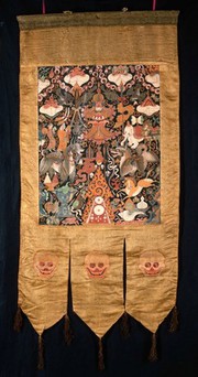 Attributes of Beg-tse in a "rgyan tshogs" banner. Distemper painting by a Tibetan painter.