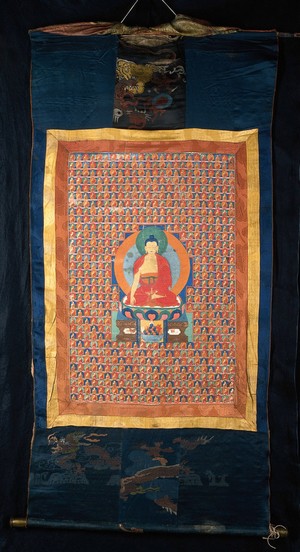 view The Buddha Aksobhya surrounded by six hundred and ten replicas of himself. Distemper painting by a Tibetan painter.