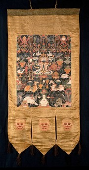 Attributes of rDo-rje Grags-mo brGyal (Dorje Dragmogyel) in a "rgyan tshogs" banner. Distemper painting by a Tibetan painter.