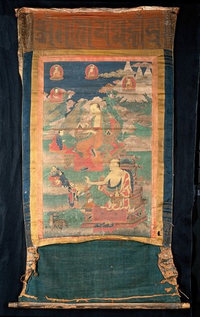 Two Buddhist elders: sBed-byed (Gopaka), holding a book (above); Mi-phyed (Abheda), holding a reliquary (below). Distemper painting by a Tibetan painter.